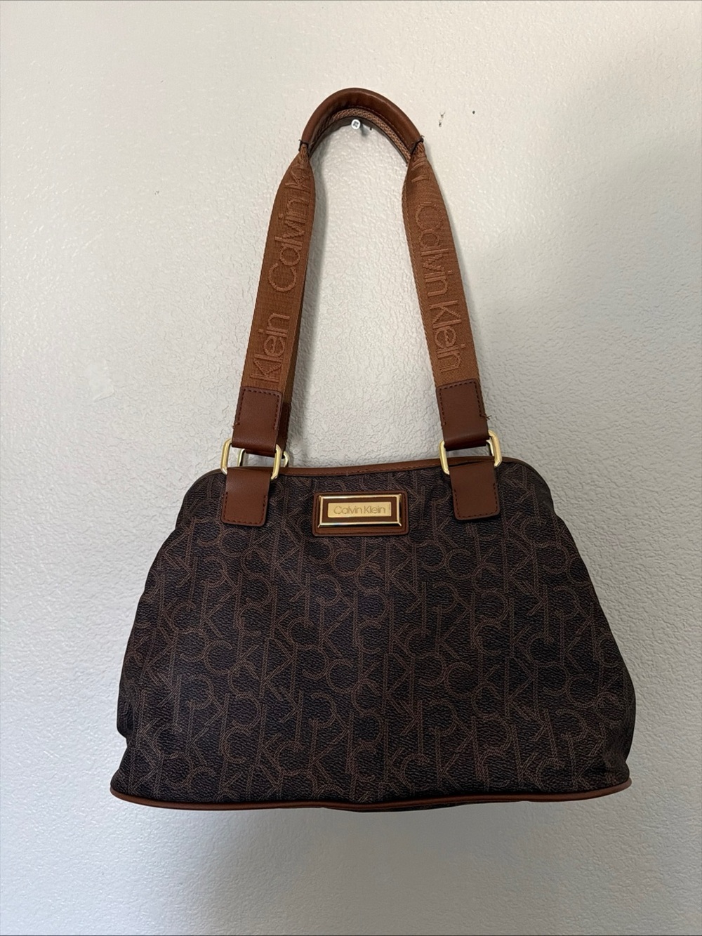 Calvin Klein Brown Monogram Shoulder Bag with Gold Plaque